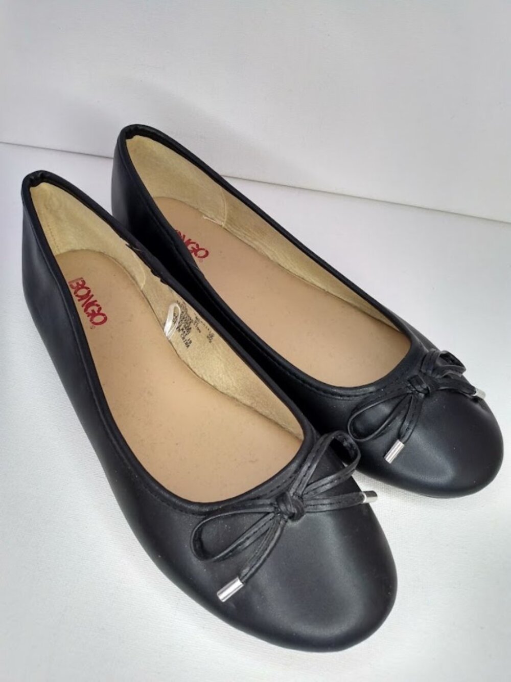 Vintage Bongo Ballet Flats Size 10M Black Faux Leather Bows Round Toe 80s Retro